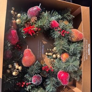 BeautifulNew Pier 1 Holiday Wreath with Red and Gold Accents with glazed fruit.